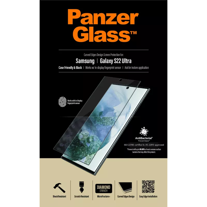 PanzerGlass 7295 näytönsuoja Samsung Galaxy S22 Ultralle, karkaistu lasi, kotelon kanssa yhteensopiva, musta