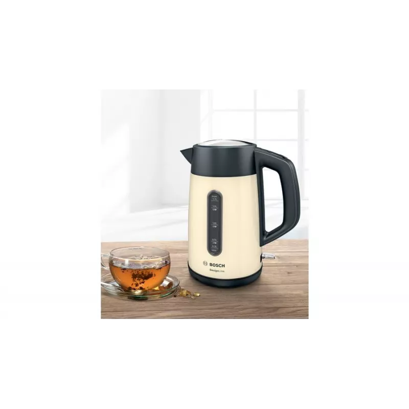 Sähköinen vedenkeitin Bosch TWK4P437 1,7 L, 2400 W, ruostumaton teräsrunko, langaton, beige/musta