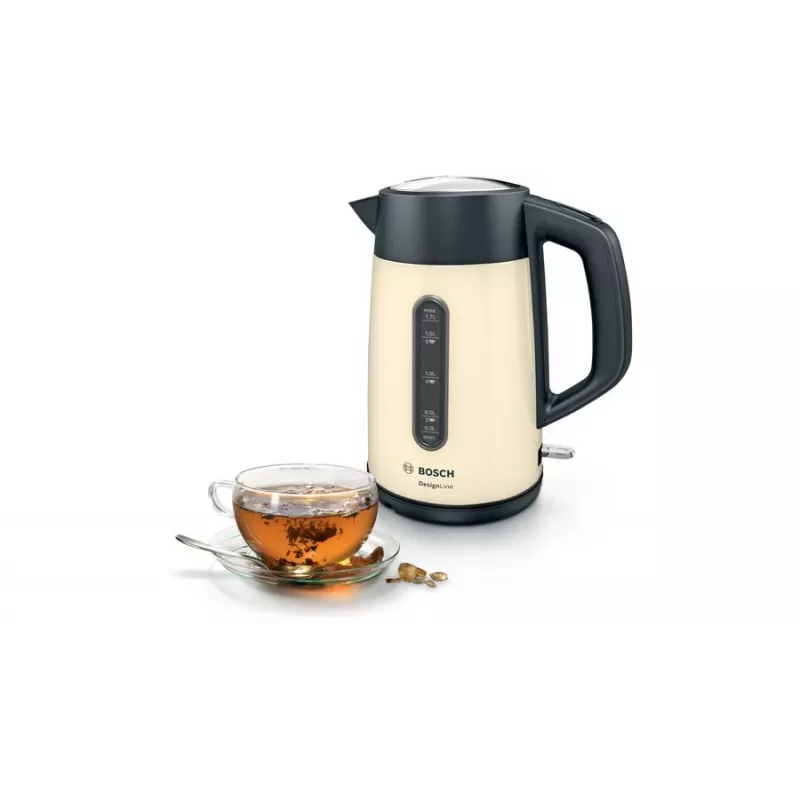 Sähköinen vedenkeitin Bosch TWK4P437 1,7 L, 2400 W, ruostumaton teräsrunko, langaton, beige/musta