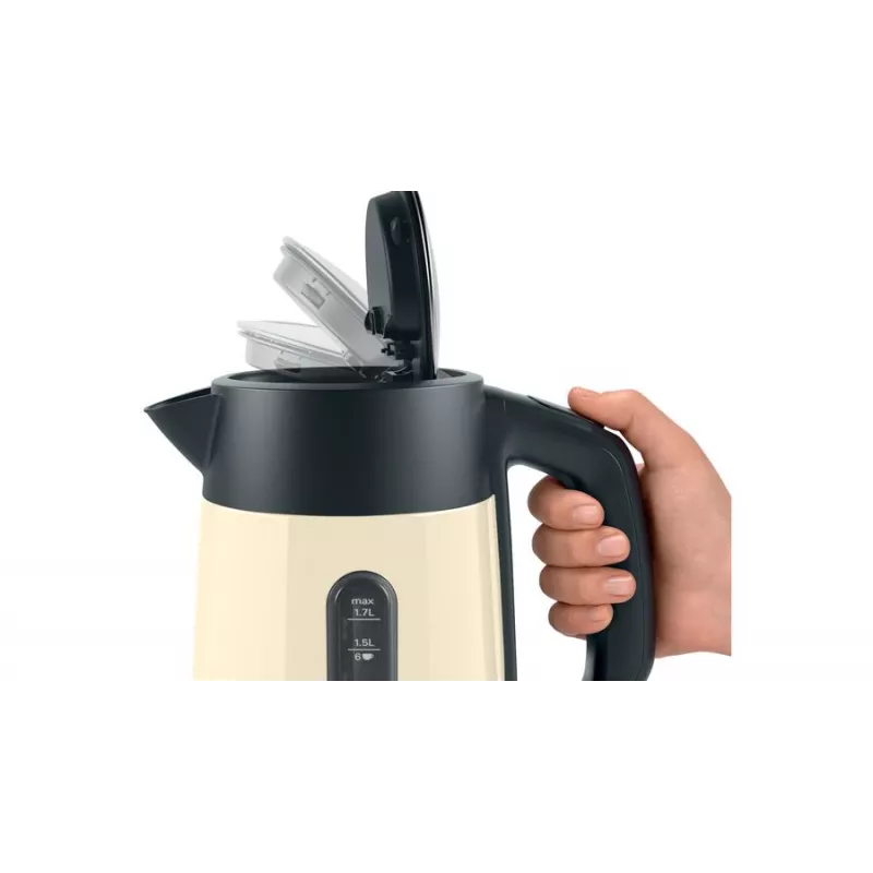 Sähköinen vedenkeitin Bosch TWK4P437 1,7 L, 2400 W, ruostumaton teräsrunko, langaton, beige/musta