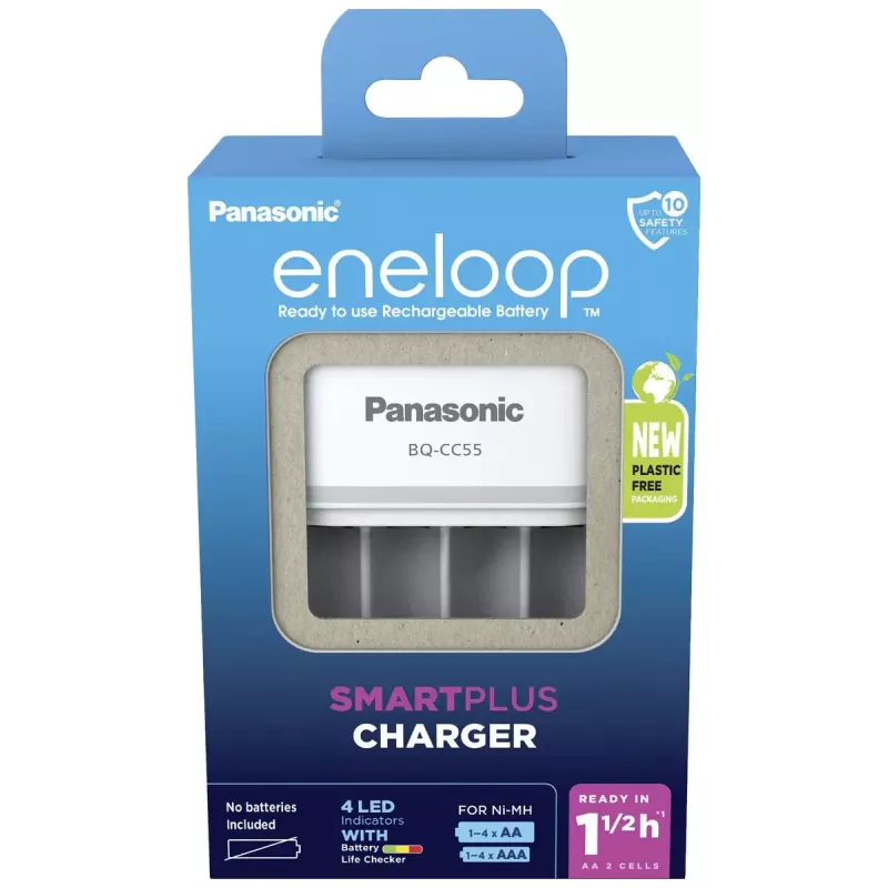 Akkulaturi Panasonic BQ-CC55E — kompakti NiMH/NiCd-laturi AA/AAA-akuille