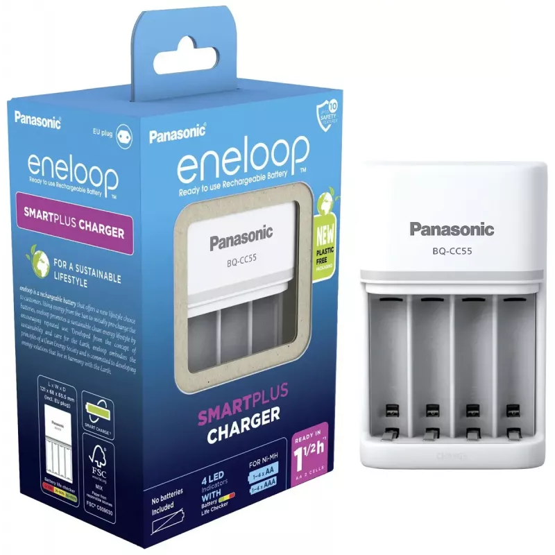 Akkulaturi Panasonic BQ-CC55E — kompakti NiMH/NiCd-laturi AA/AAA-akuille