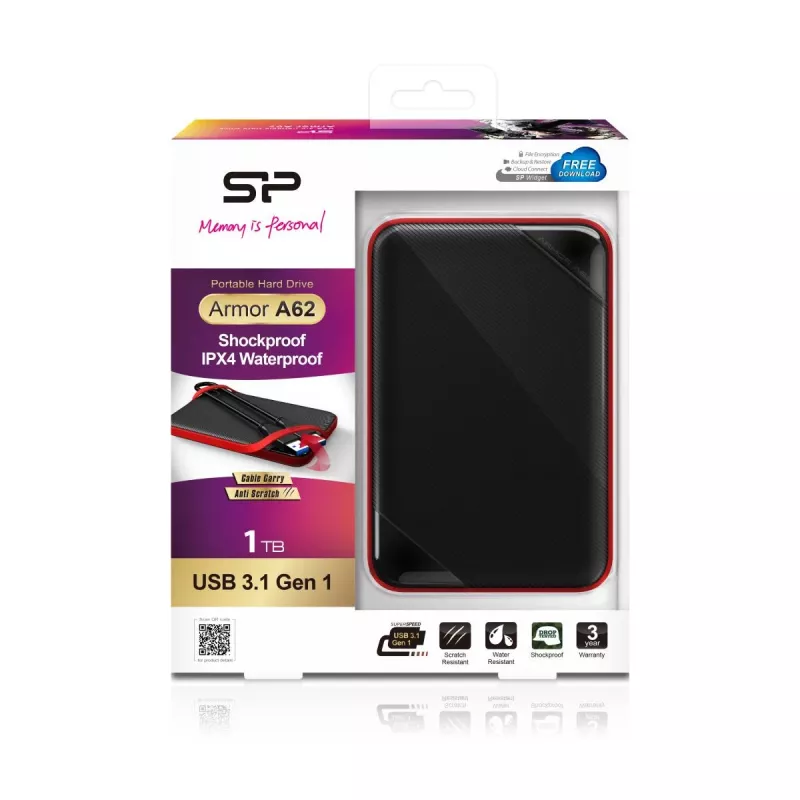 Silicon Power Armor A62 SP010TBPHD62SS3K kannettava kiintolevy 1 TB, USB 3.2 Gen 1, musta/punainen