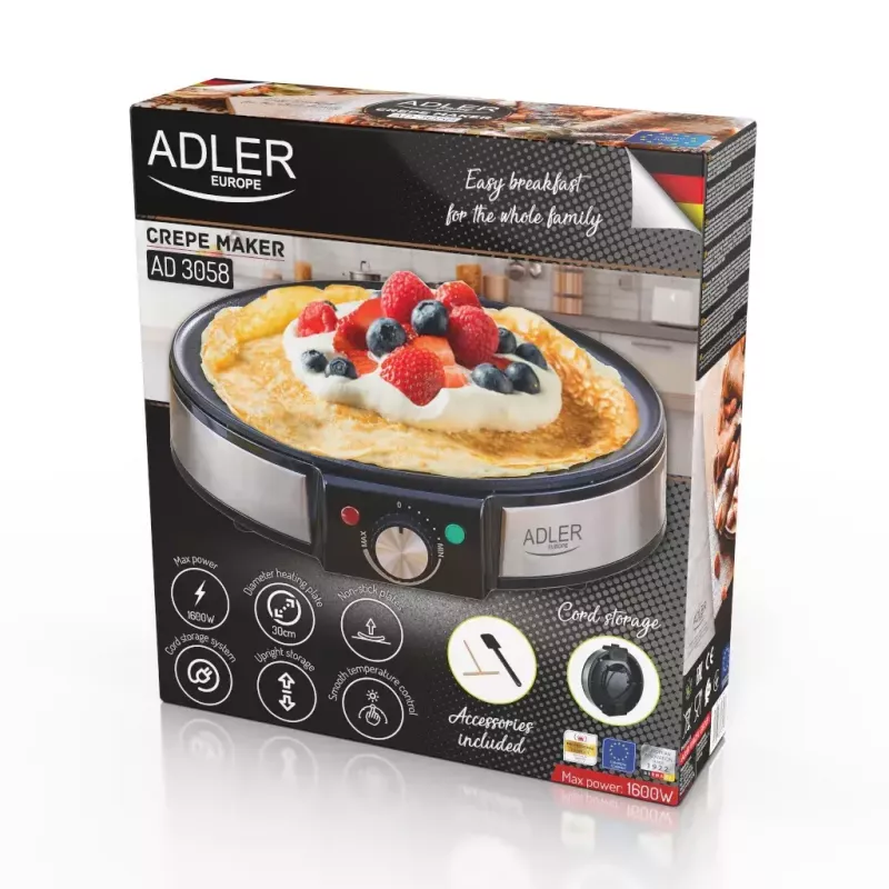 Crêpe-pannu Adler AD 3058 1600 W musta ruostumaton teräs