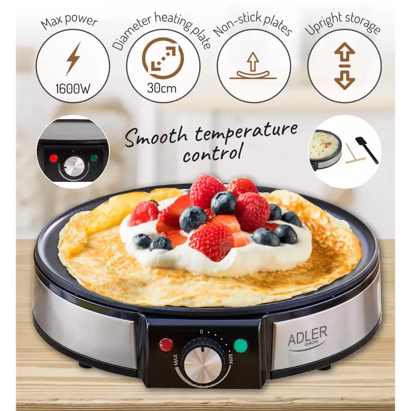 Crêpe-pannu Adler AD 3058 1600 W musta ruostumaton teräs