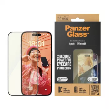 PanzerGlass® EyeCARE™ -näytönsuojus iPhone 15 | Ultra-Wide Fit EasyAlignerilla