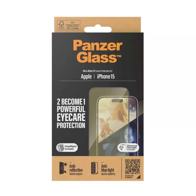 PanzerGlass® EyeCARE™ -näytönsuojus iPhone 15 | Ultra-Wide Fit EasyAlignerilla