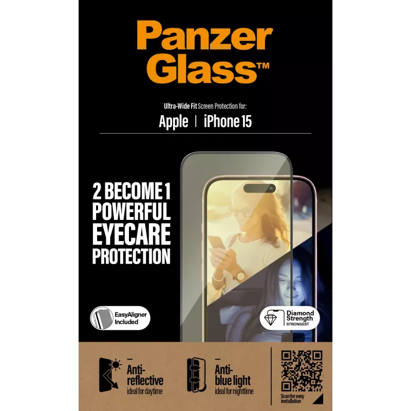 PanzerGlass® EyeCARE™ -näytönsuojus iPhone 15 | Ultra-Wide Fit EasyAlignerilla