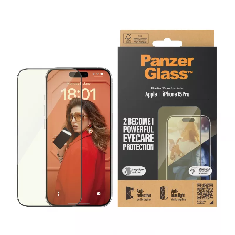 PanzerGlass ® EyeCARE™ -näytönsuojus iPhone 15 Pro | Ultra-Wide Fit EasyAlignerilla