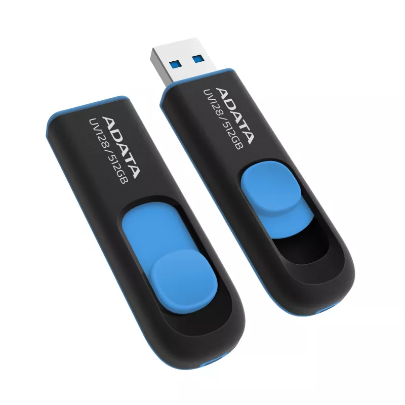 ADATA UV128 AUV128-512G-RBE USB-muistitikku 512 GB, USB-A 3.2 Gen 1, liukukytkin, musta/sininen