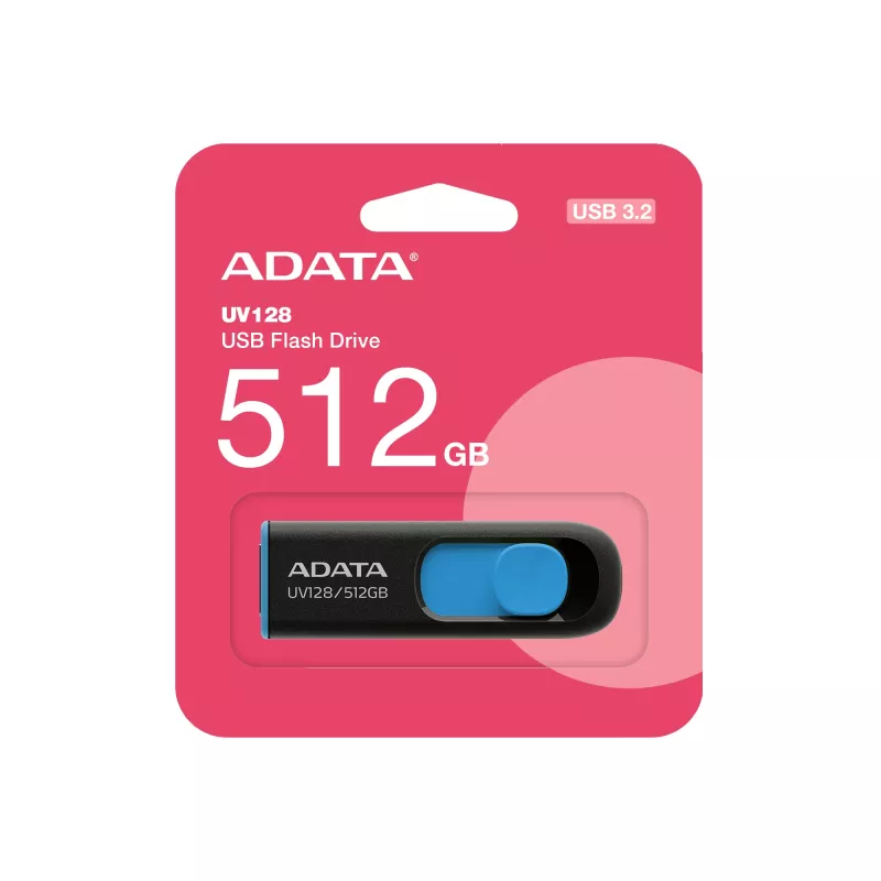 ADATA UV128 AUV128-512G-RBE USB-muistitikku 512 GB, USB-A 3.2 Gen 1, liukukytkin, musta/sininen