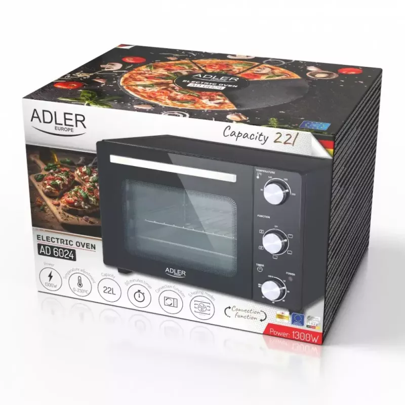 Sähköinen pöytäuuni Adler AD 6024 — kompakti, 22 l tilavuus, 1300 W, musta