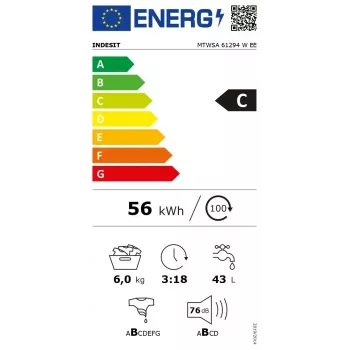 Edestä täytettävä pesukone INDESIT MTWSA 61294 W EE, 6 kg, invertterimoottori, energiatehokkuusluokka C