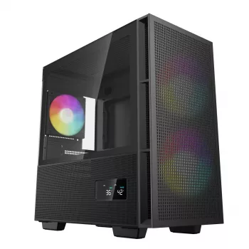 PC-kotelo DeepCool CH360 DIGITAL Micro Tower, karkaistu lasi, microATX/Mini-ITX, edessä 2x140mm, integroitu näyttö, USB-C