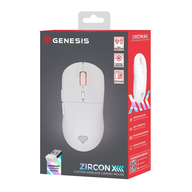 GENESIS Zircon XIII hiiri pelikäyttöön molempikätinen RF langaton + USB Type-C optinen 26000 DPI