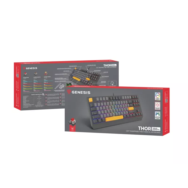 Genesis Thor 230 TKL langallinen mekaaninen pelinäppäimistö, US, Anchor Gray Negative, Outemu Red