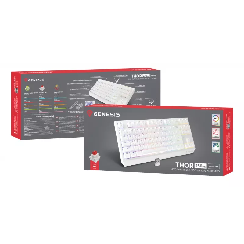 Tenkeyless-pelikäppäimistö GENESIS Thor 230 TKL — USB, RF Wireless, Bluetooth, QWERTY, valkoinen