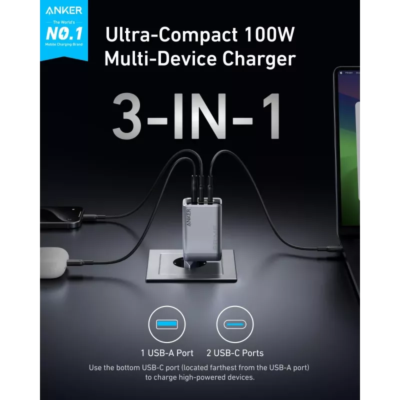 Mobiililaitelaturi Anker A2688341 yleislaturi musta AC sisäkäyttöön 110–240 V 1 USB 2.0 2 USB-C
