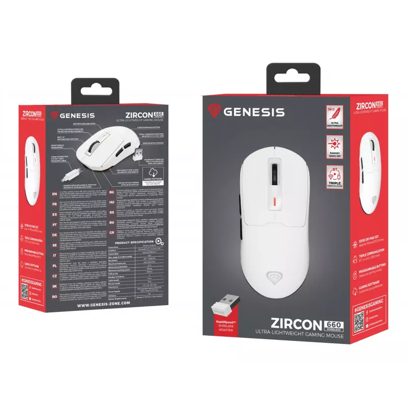 GENESIS Zircon 660 hiiri pelikäyttöön oikeakätinen RF Wireless + Bluetooth + USB Type-A optinen 12000 DPI