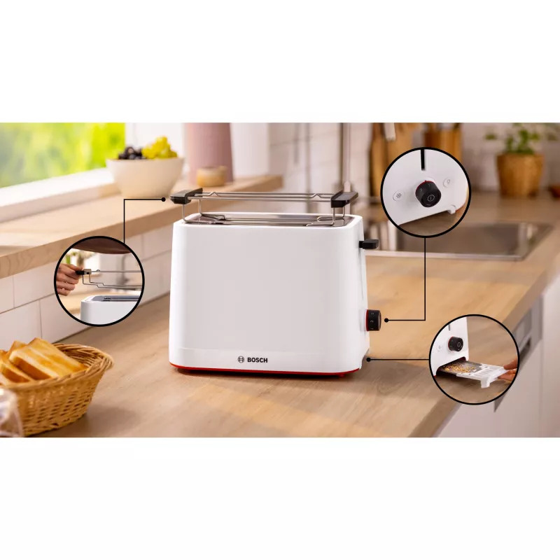 Bosch MyMoment TAT3M121 kompakti leivänpaahdin, 2 viipaleelle, 950 W, valkoinen
