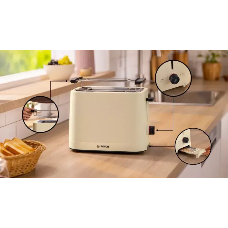 Leivänpaahdin Bosch Compact TAT3M127 – 2 viipaleen paikka beige muovirunko, kompakti muotoilu