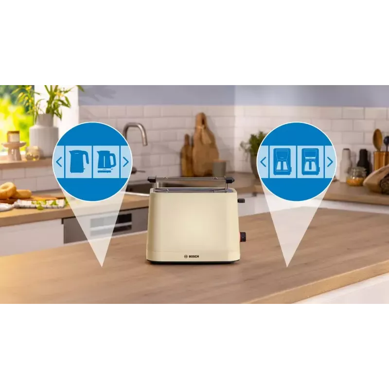 Leivänpaahdin Bosch Compact TAT3M127 – 2 viipaleen paikka beige muovirunko, kompakti muotoilu