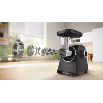 Lihamylly Bosch MFWS430B — 1900 W, 2 nopeutta, 2,5 kg/min, musta/hopea, 4,3 kg