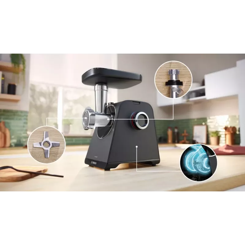 Lihamylly Bosch MFWS430B — 1900 W, 2 nopeutta, 2,5 kg/min, musta/hopea, 4,3 kg