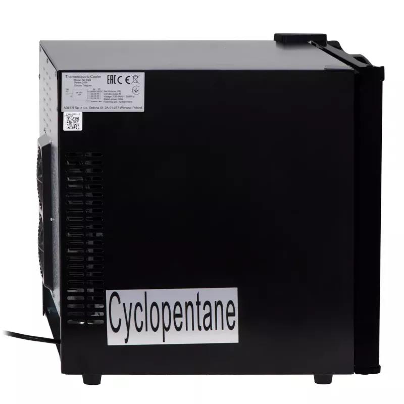 Adler AD 8089 termosähköinen jääkaappi, 28 l, LED-sisävalo, 35 dB, energialuokka E, musta