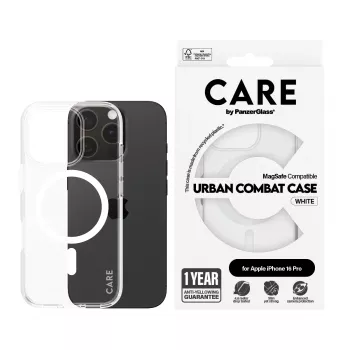 PanzerGlass CARE™ by ® Urban Combat kotelo läpinäkyvä valkoisella MagSafe iPhone 16 Pro