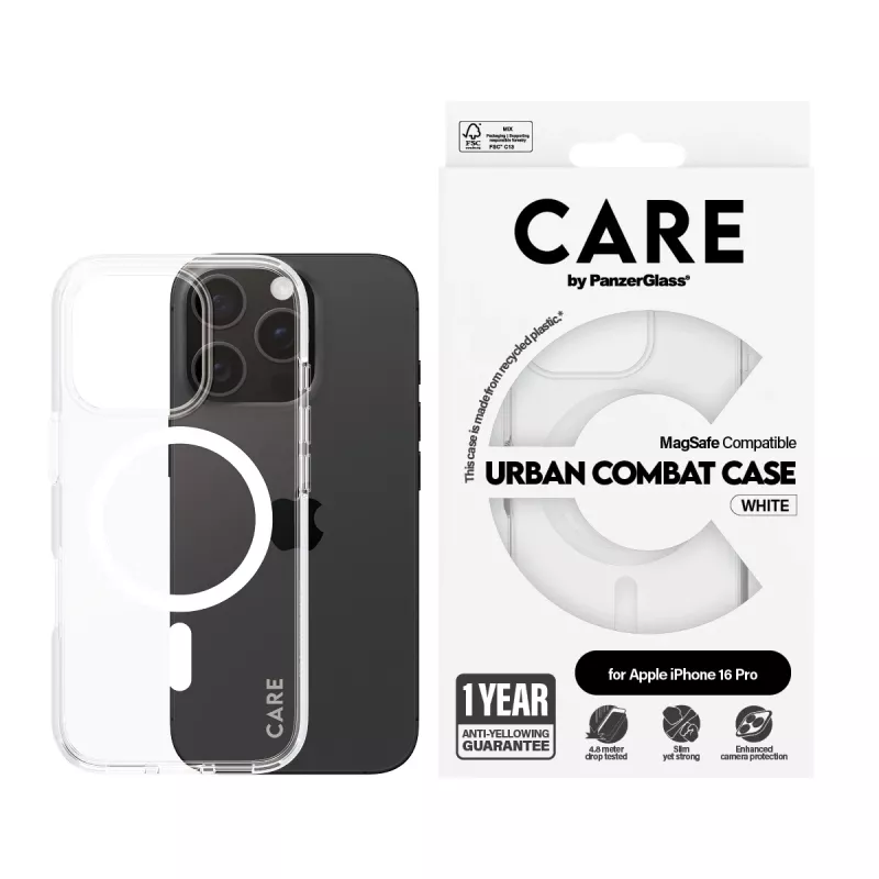 PanzerGlass CARE™ by ® Urban Combat kotelo läpinäkyvä valkoisella MagSafe iPhone 16 Pro
