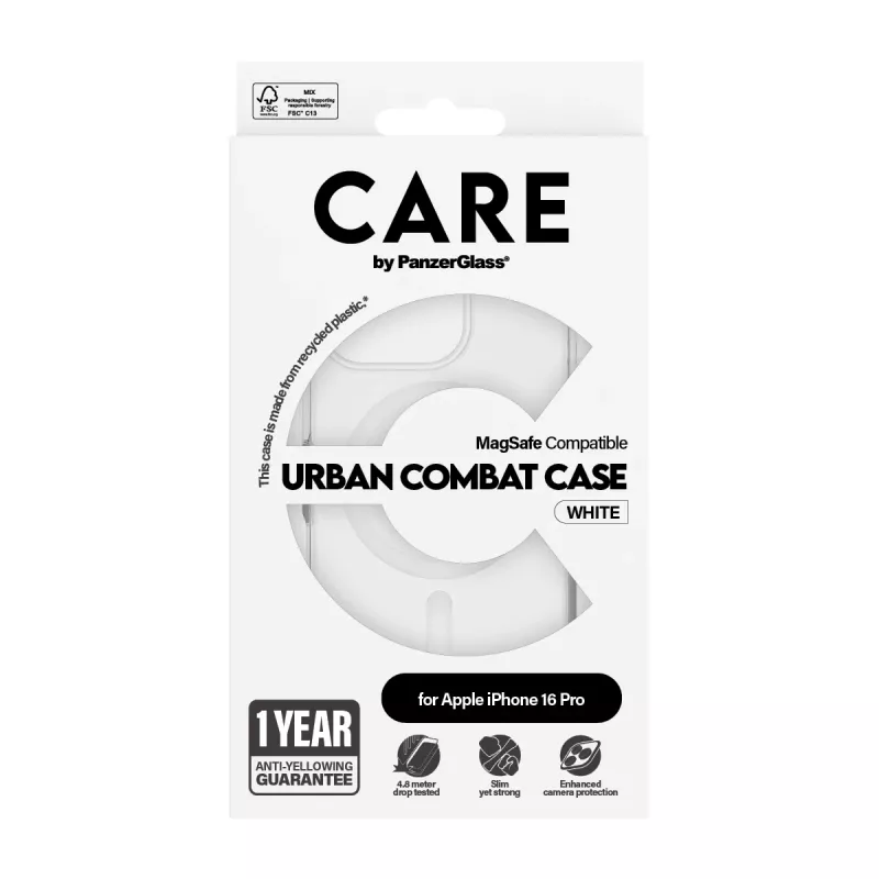 PanzerGlass CARE™ by ® Urban Combat kotelo läpinäkyvä valkoisella MagSafe iPhone 16 Pro