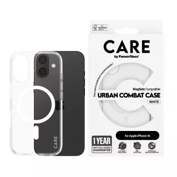 PanzerGlass CARE™ by ® Urban Combat kotelo läpinäkyvä valkoisella MagSafe iPhone 16
