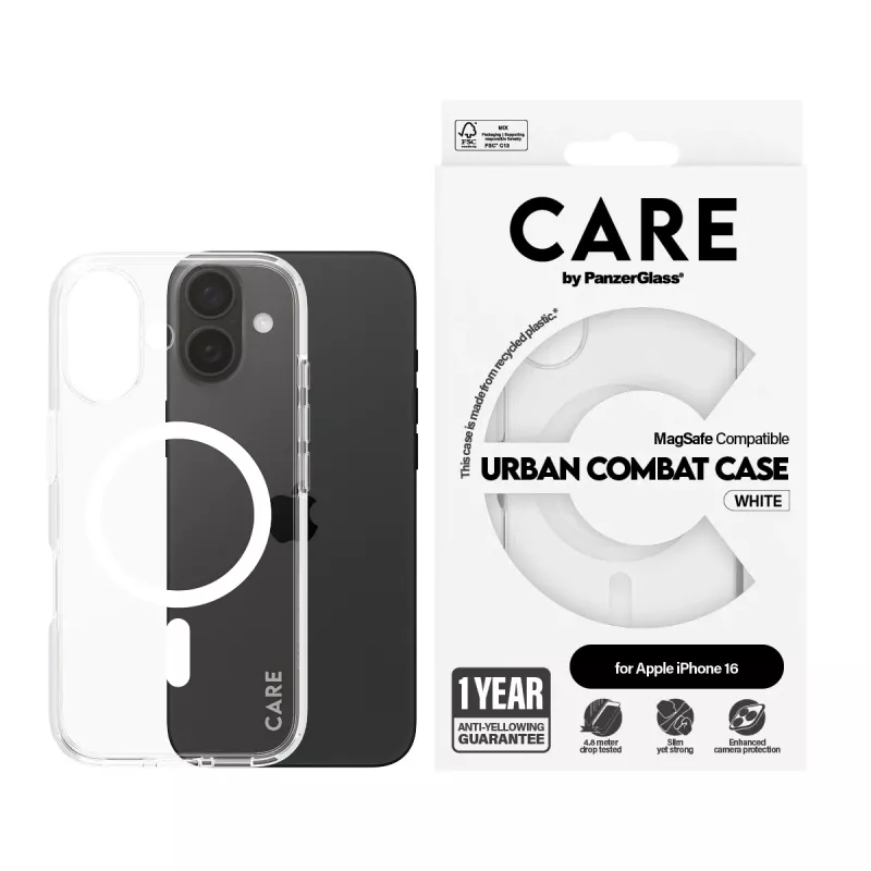 PanzerGlass CARE™ by ® Urban Combat kotelo läpinäkyvä valkoisella MagSafe iPhone 16