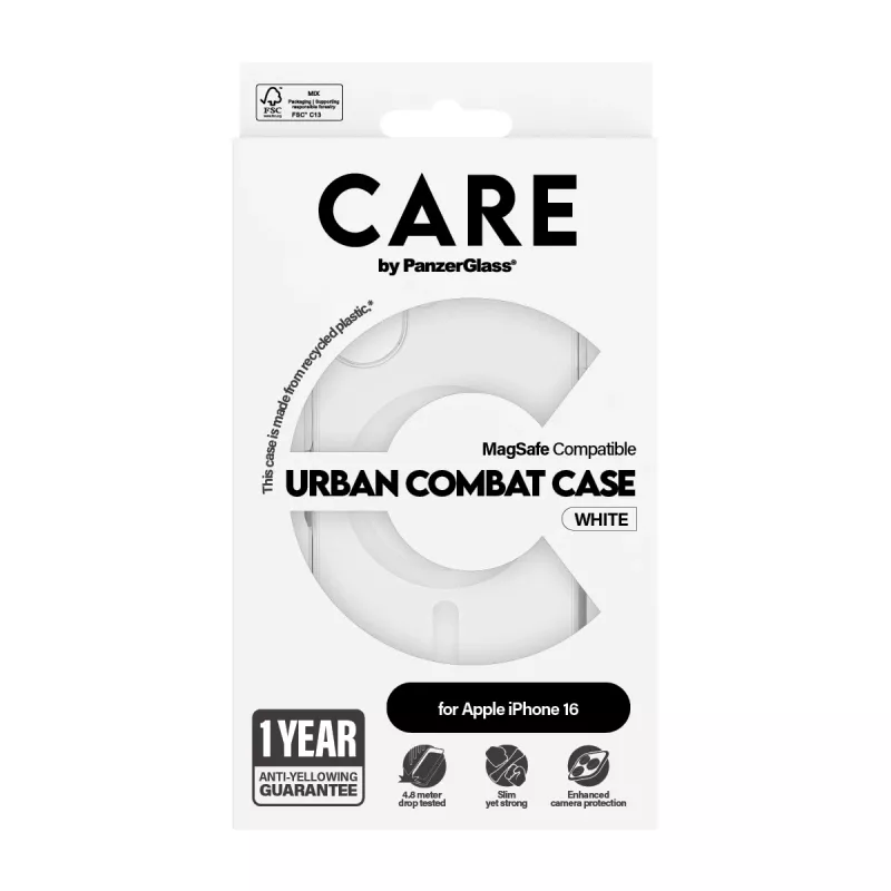 PanzerGlass CARE™ by ® Urban Combat kotelo läpinäkyvä valkoisella MagSafe iPhone 16