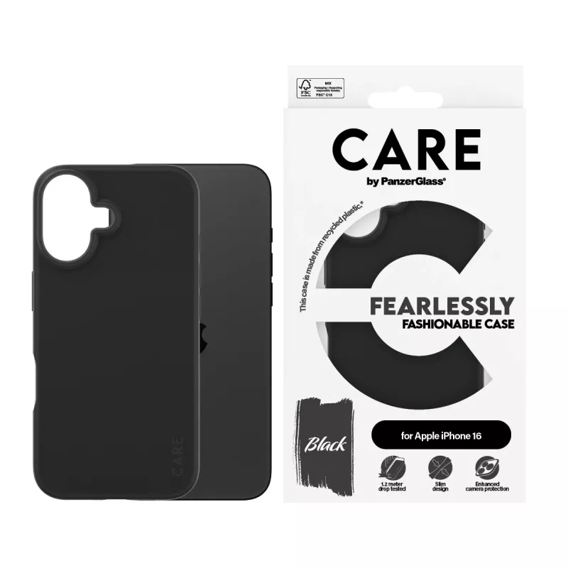 PanzerGlass CARE by muotokotelo musta iPhone 16 läpinäkyvä