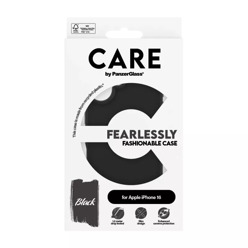 PanzerGlass CARE by muotokotelo musta iPhone 16 läpinäkyvä