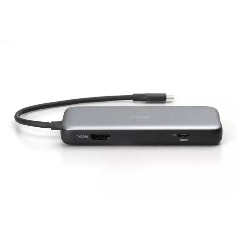 DIGITUS USB-C-telakointiasema, 7-porttinen - HDMI / 2x USB-A 3.2 Gen 2 / GbE / SD / MicroSD - 100W USB Power Delivery