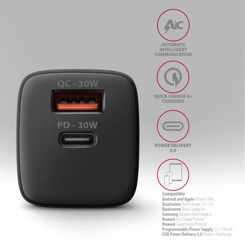 Axagon ACU-PQ30 PD3.0 & QC4+ 2xOUTPUTS seinälaturi 30W