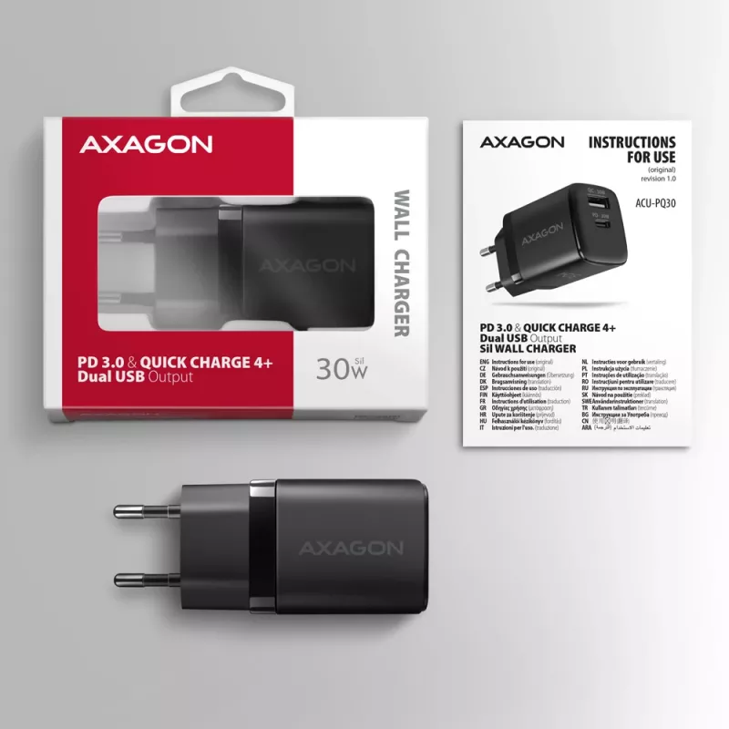 Axagon ACU-PQ30 PD3.0 & QC4+ 2xOUTPUTS seinälaturi 30W