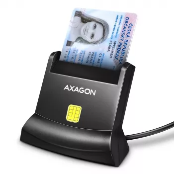 Axagon universaali pöytämallinen USB-kontakti-äly-/ID-kortinlukija pitkällä USB-A-kaapelilla. Sopii eObanka-sovellukseen. Älykortinlukija sisäkäyttöön USB 2.0 musta