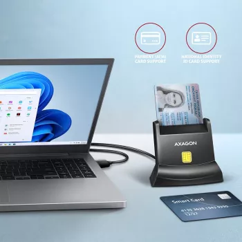 Axagon universaali pöytämallinen USB-kontakti-äly-/ID-kortinlukija pitkällä USB-A-kaapelilla. Sopii eObanka-sovellukseen. Älykortinlukija sisäkäyttöön USB 2.0 musta