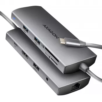 Axagon HMC-8HLSA, USB 5Gbps keskitin, 3x USB-A, HDMI 4K/60Hz, RJ-45, SD/microSD, ääni, PD 100W
