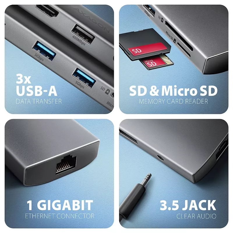 Axagon HMC-8HLSA, USB 5Gbps keskitin, 3x USB-A, HDMI 4K/60Hz, RJ-45, SD/microSD, ääni, PD 100W