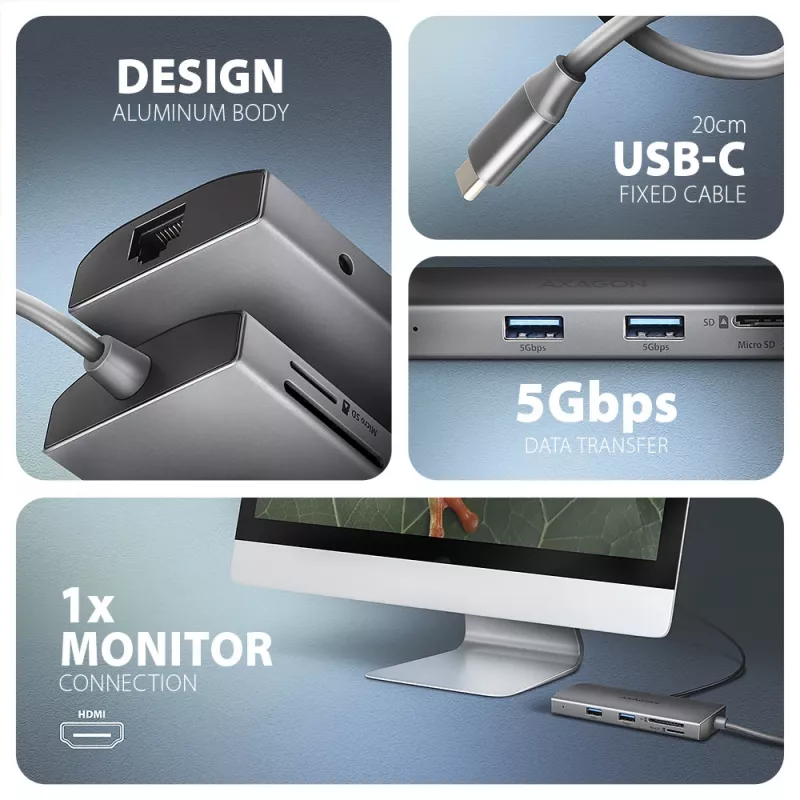 Axagon HMC-8HLSA, USB 5Gbps keskitin, 3x USB-A, HDMI 4K/60Hz, RJ-45, SD/microSD, ääni, PD 100W