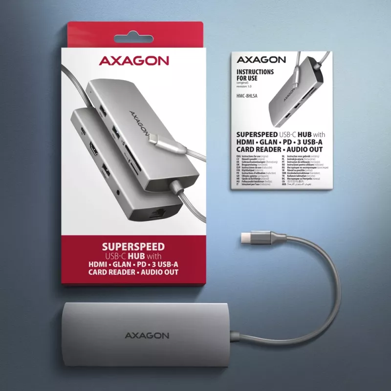 Axagon HMC-8HLSA, USB 5Gbps keskitin, 3x USB-A, HDMI 4K/60Hz, RJ-45, SD/microSD, ääni, PD 100W
