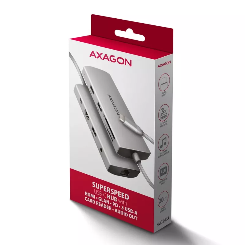 Axagon HMC-8HLSA, USB 5Gbps keskitin, 3x USB-A, HDMI 4K/60Hz, RJ-45, SD/microSD, ääni, PD 100W