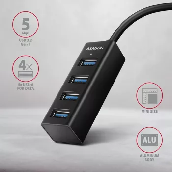 Axagon HUE-M1A 4x USB 3.2 Gen 1 MINI-keskitin, metalli, 20 cm USB-A-kaapeli