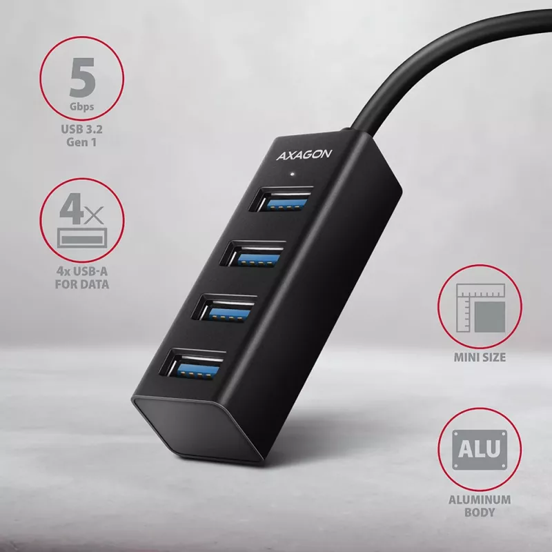 Axagon HUE-M1A 4x USB 3.2 Gen 1 MINI-keskitin, metalli, 20 cm USB-A-kaapeli