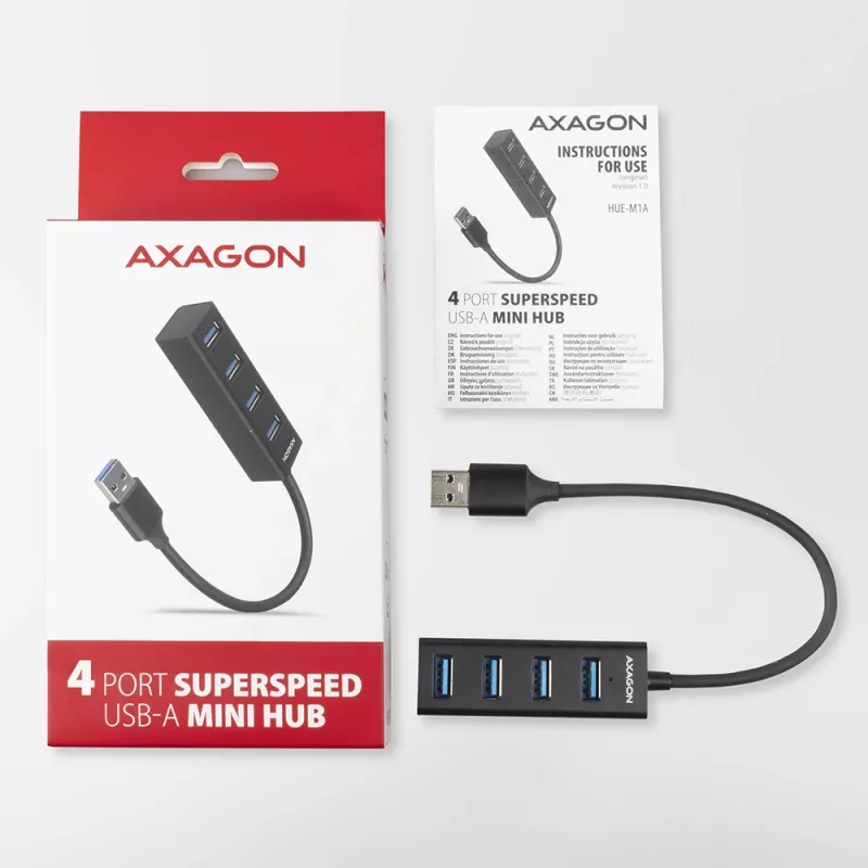 Axagon HUE-M1A 4x USB 3.2 Gen 1 MINI-keskitin, metalli, 20 cm USB-A-kaapeli